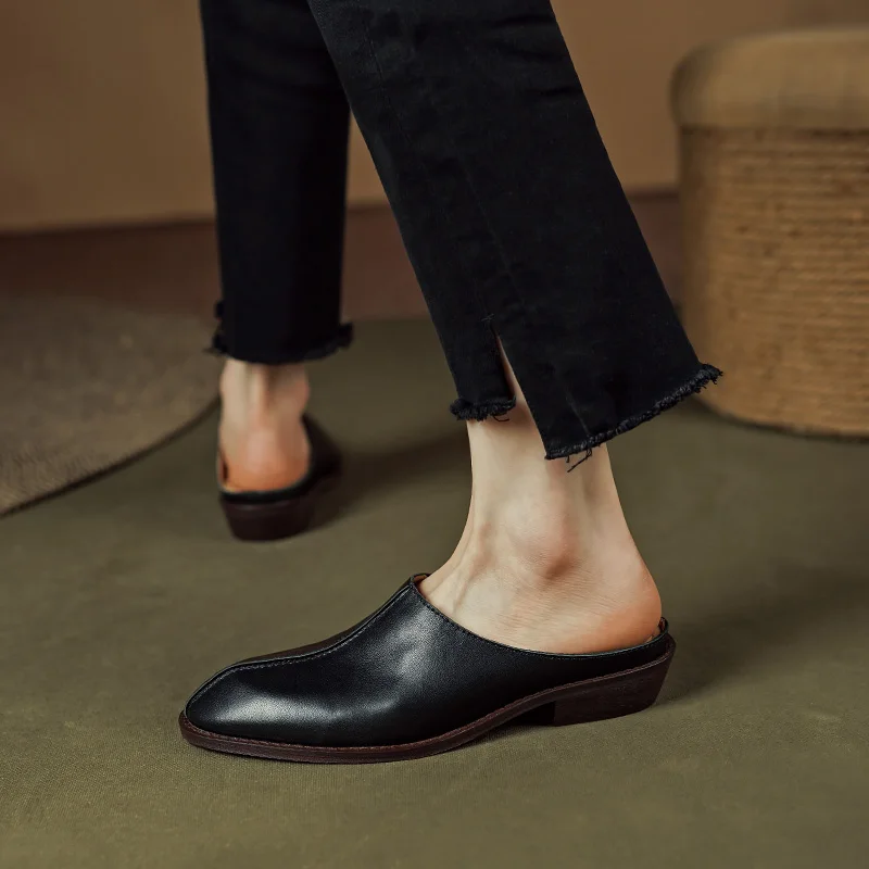 Low Heels Mules Women Pumps High Quality Genuine Leather Retro Slippers Office Ladies Casual Shoes Woman Spring Summer Sandals