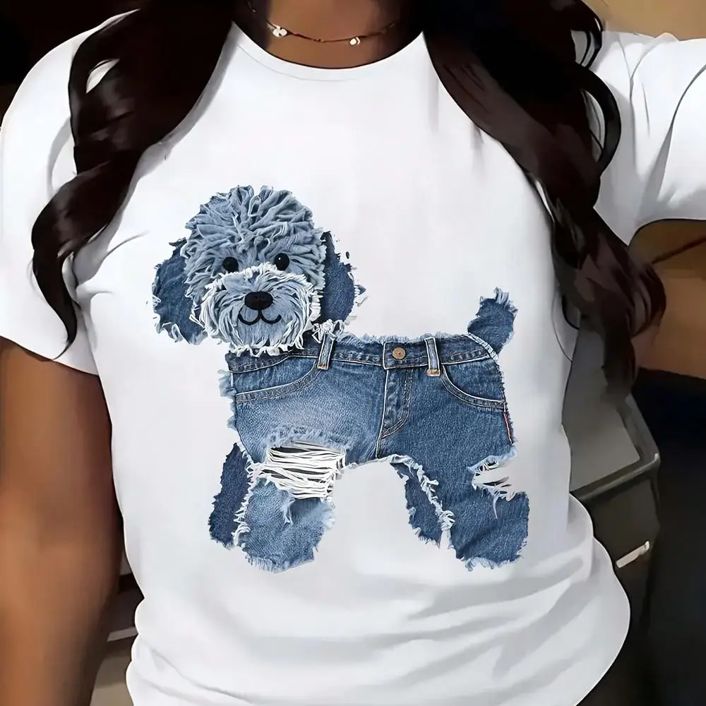 Cute Poodle In Denim Jeans Graphic T-Shirt For Women - Casual Comfortable Tee With Adorable Dog Print - Soft Cotton Blend Fabric - Perfect For Ev