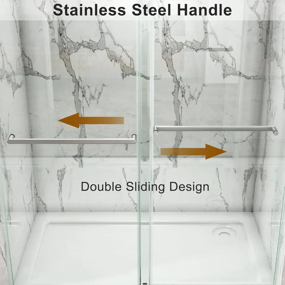 Frameless Shower Door, Double Sliding Shower Door with Premium 3/8'' (10mm) Thick Tempered Glass, Stainless Steel, Matte Silver