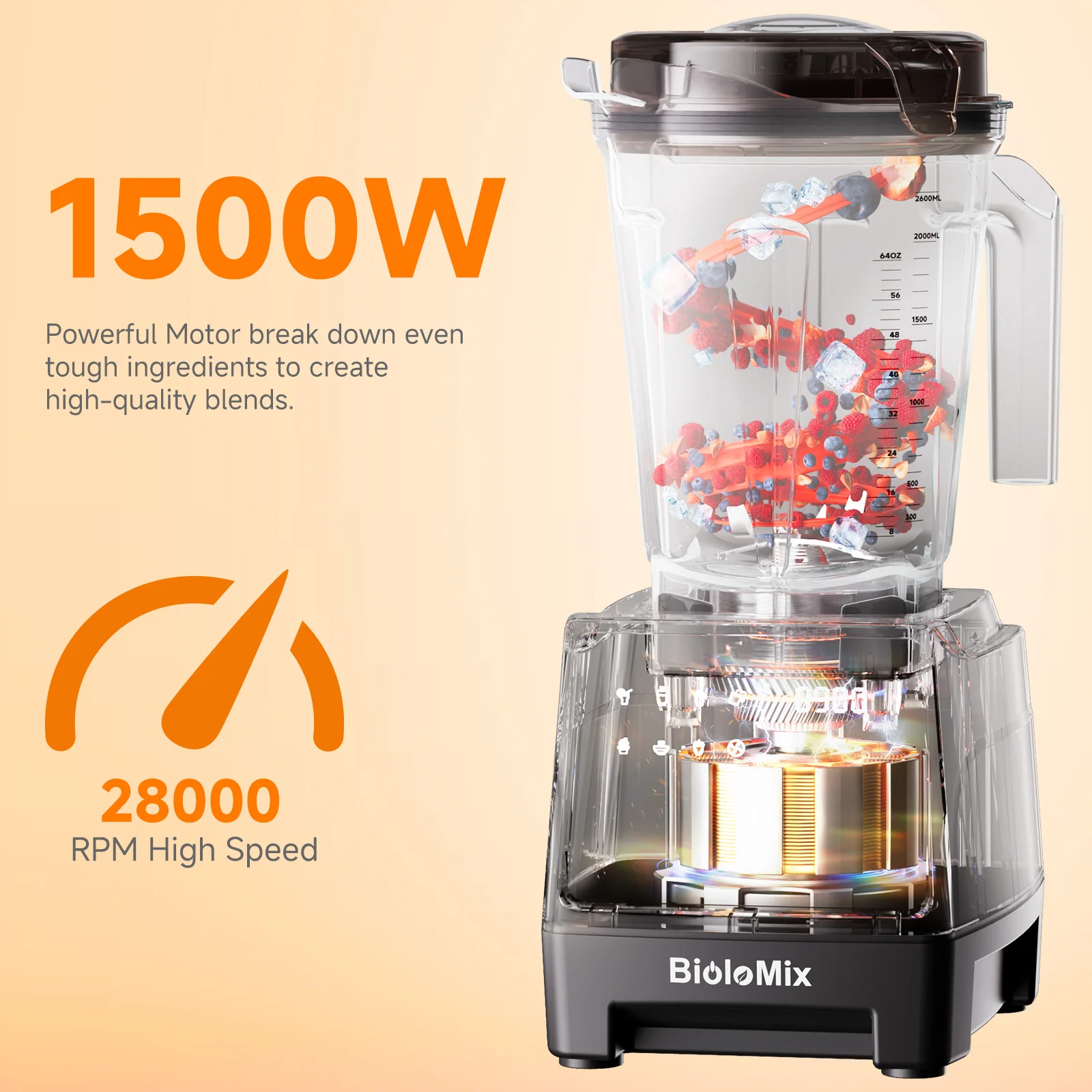 BioloMix 1500W Professional Blender with 2.6L BPA-Free Jar 6