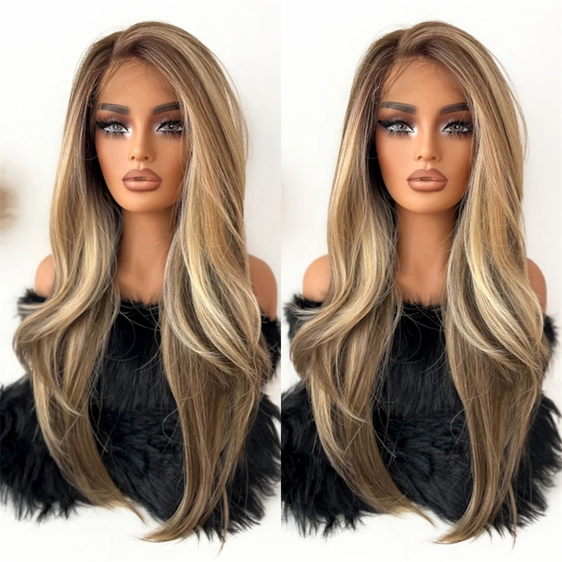 Brown Mixed Blonde Synthetic Lace Front Wig Wig Realistic Natural Looking Natural Preplucked Hairline with Baby Hair For Women