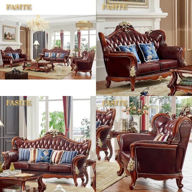 For French Luxury Classic Carved Solid Wood Living Room Furniture Antique Genuine Leather 1 2 3 Seat Sectional Sofa Set Home