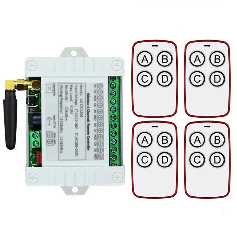 433Mhz DC 12V 24V 36V 4CH 4 Channel 10A Relay Module Receiver EV1527 Wireless Remote Control Switch 433Mhz for DC Motor DIY