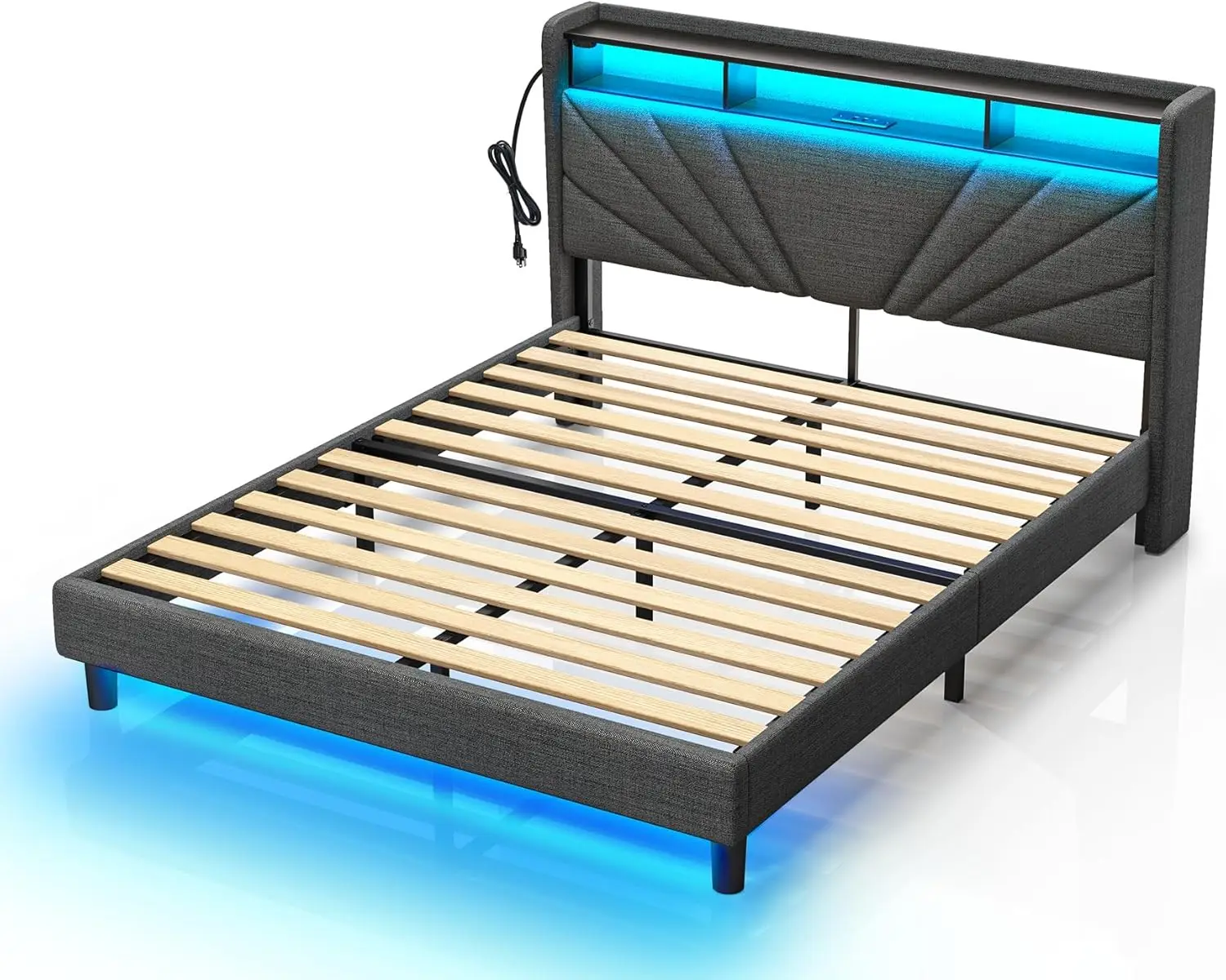 Full size bed frame, storage headboard with charging station and LED lights, noise free, easy to assemble, dark gray