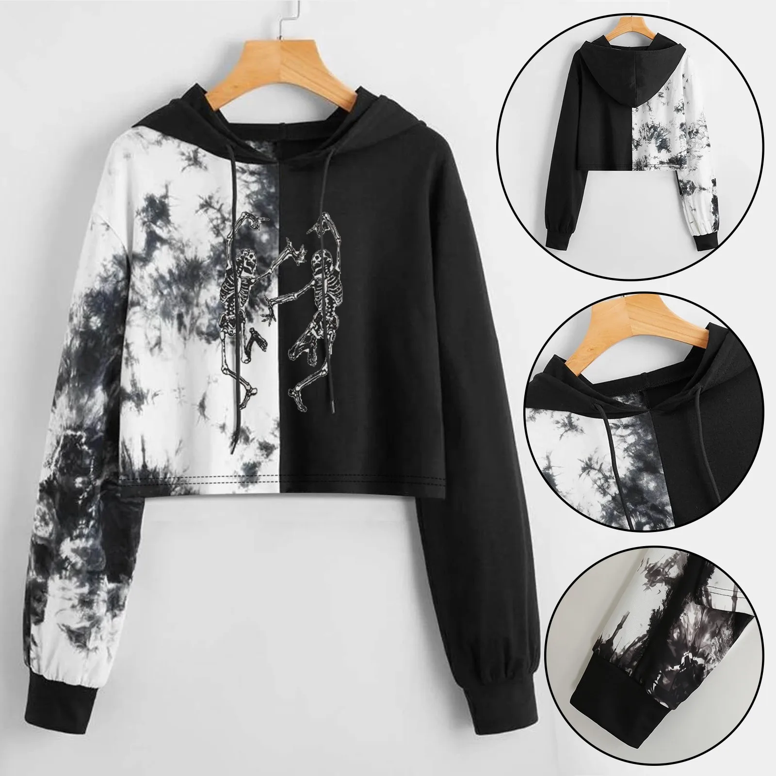 Harajuku Sweatshirts Long Sleeve Tie-dye Print Tie Dye Crop Top Hoodies Gothic Style Pullover Top Women Drawstring Sweatshirts