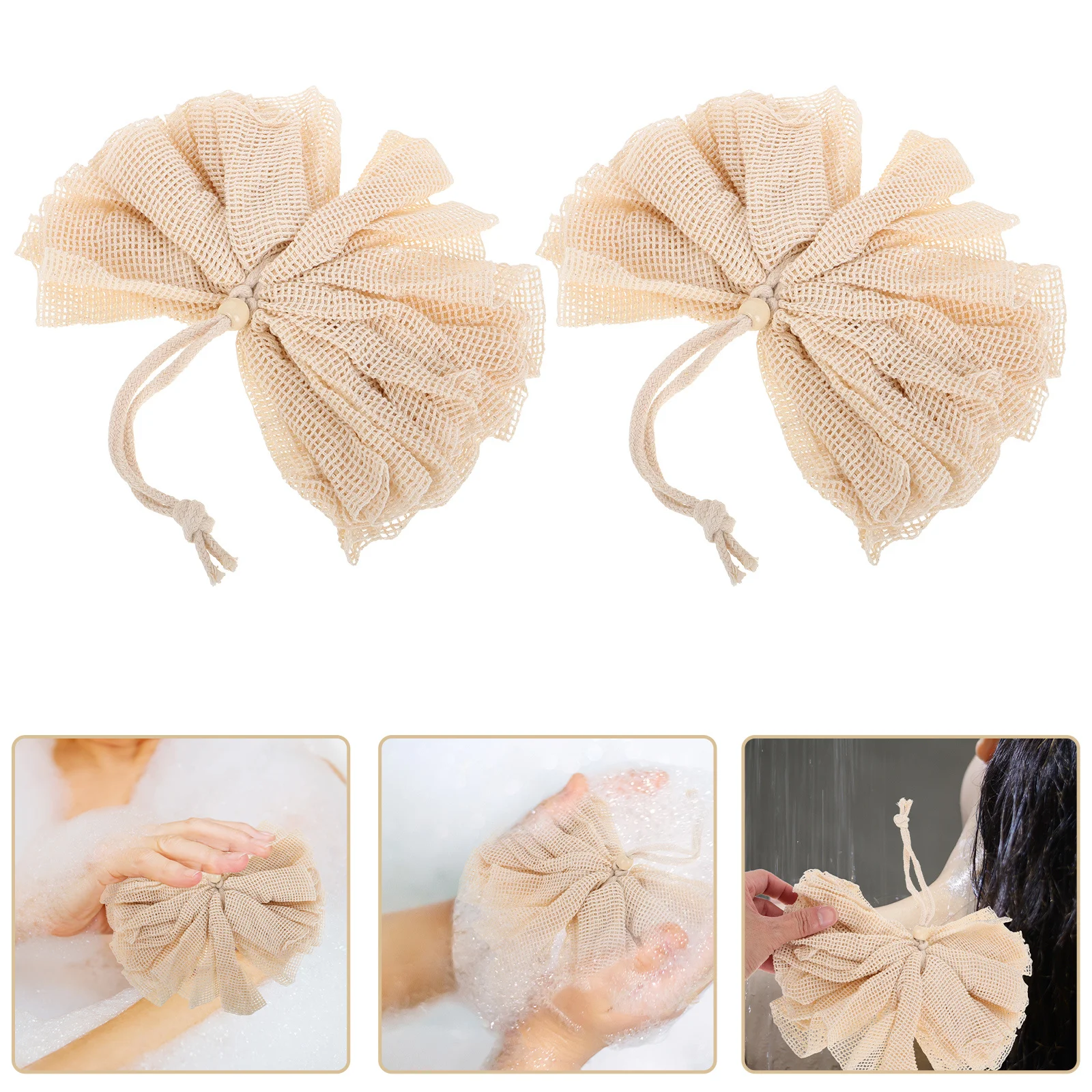 

3pcs Bath Scrunchies Exfoliating Body Sponge Natural Sisal Soap Saver Bags Deep Cleansing Loofah Light Yellow Shower Pouf Ball