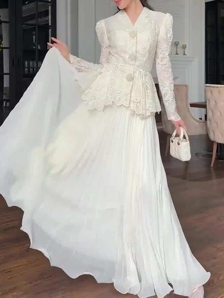Sexy weiße Spitze Stickerei schlankes Abendkleid elegante hohe Taille Rüschen Bankettkleid Mode Langarm Damen Partykleider