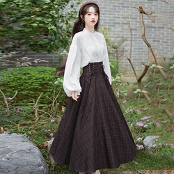 Vintage Fashion Plaid Long Skirt Women Summer High Waist Lace Up Maxi Skirts A-Line  Jupe Femme