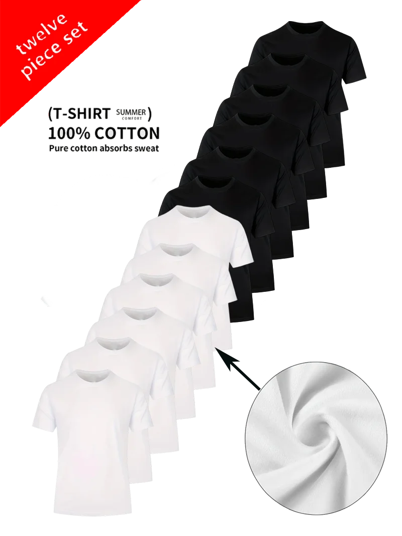 

Round Neck T-Shirt 12-Piece White and Black Ultra-Light Men's Quick-Dry Soft Comfortable Layering Sport Shirt Suitable for Fitn
