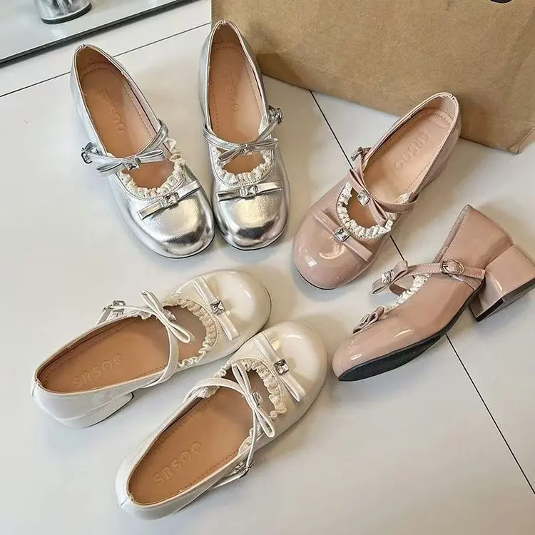 Spring and Autumn Women Thick Heel Mary Jane Shoes Fashion Buckle Strap Butterfly-knot Round Toe Dress Shoes Zapatos De Mujer