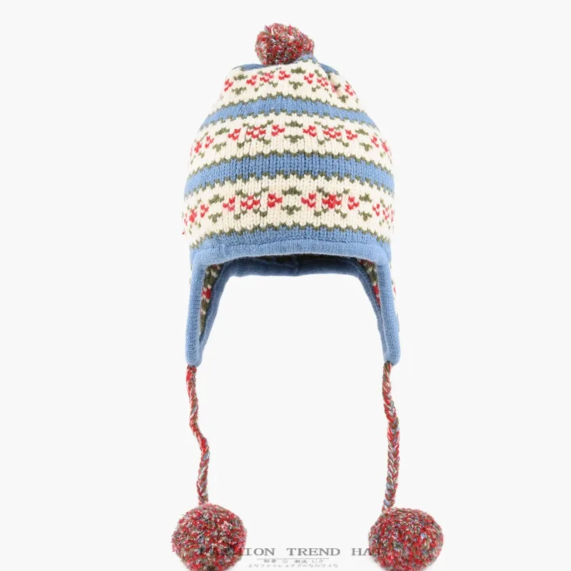 Korean Ins Retro Ethnic Style Pompom Design Knitted Hat for Women Autumn and Winter Warm Ear Protection Flying Bomber Hats