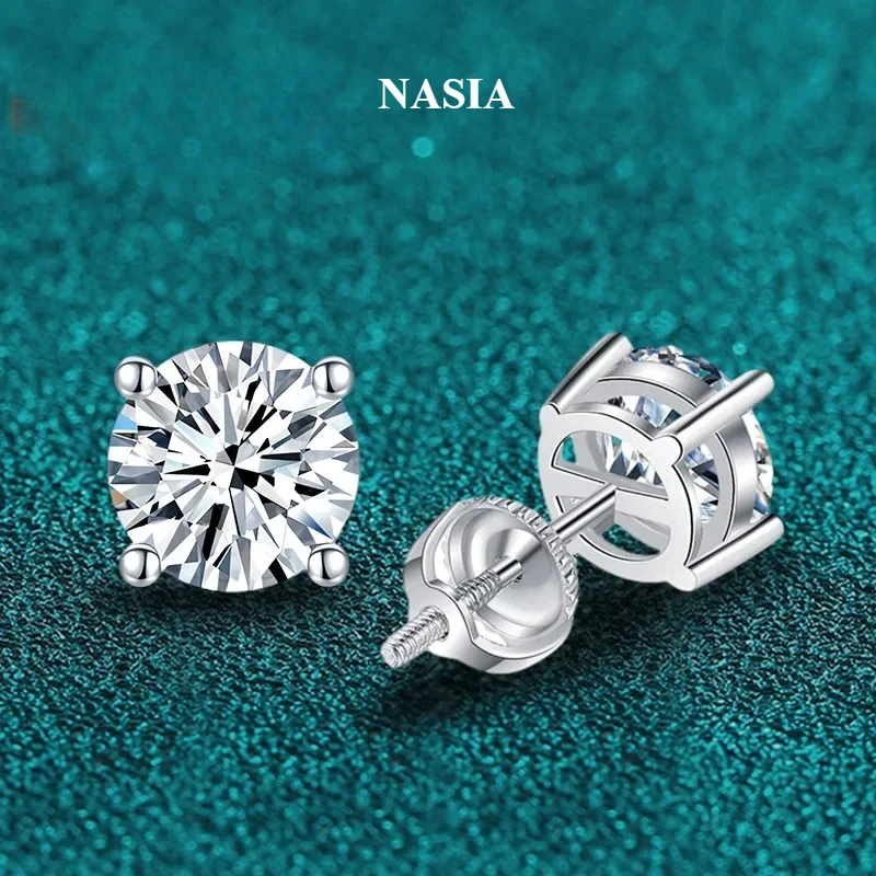 NASIA Moissanite Earrings Studs for Women Men Screw Thread Ear Stud S925 Solid Silver With White Gold Plated Jewelry 2026