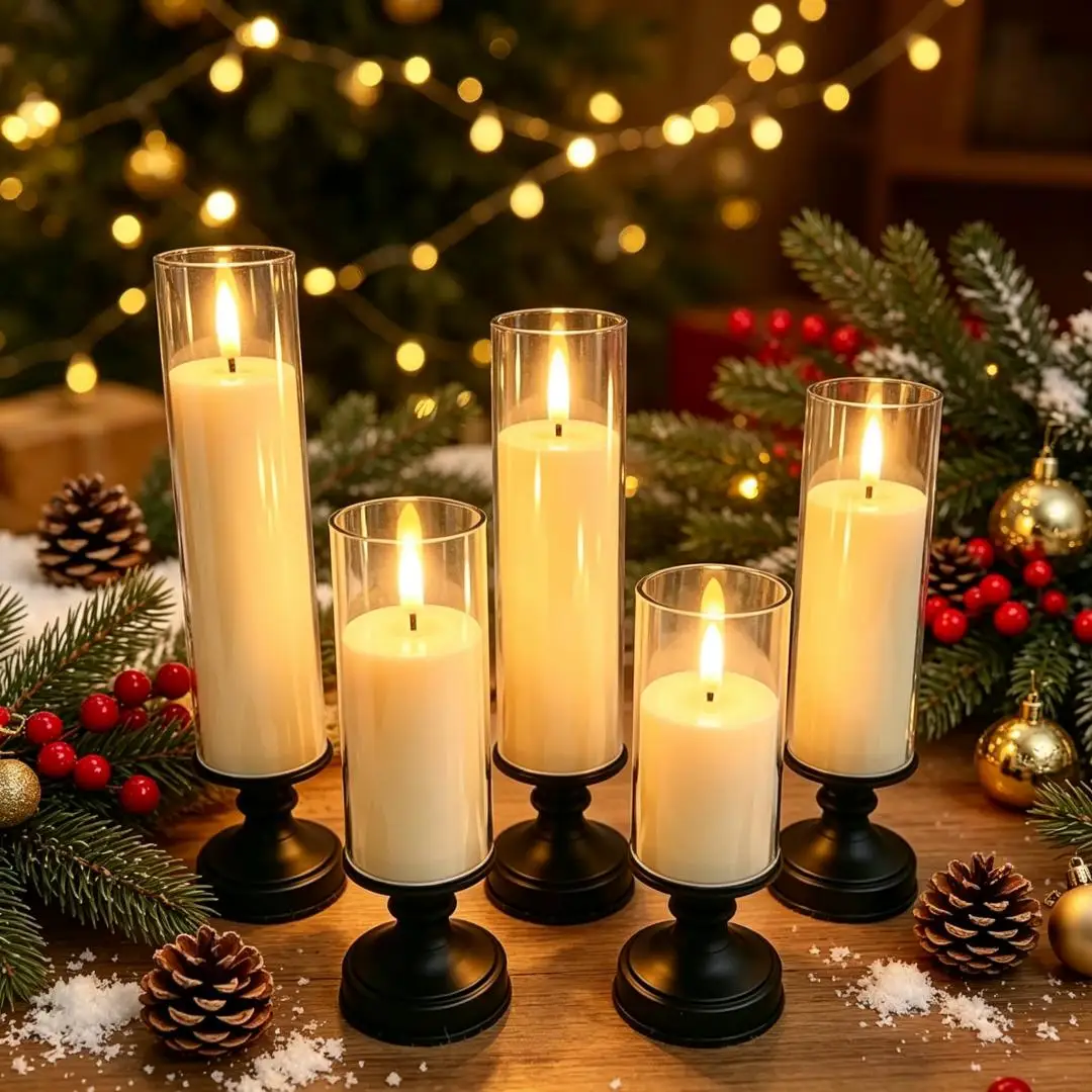 3x Acrylic LED Pillar Candles & Stand Battery Operated Window Lamp Flameless LED Ambient Lighting For Christmas Wedding Party