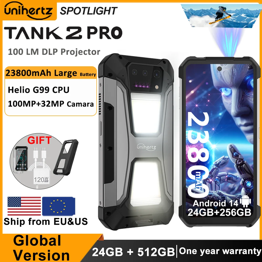 

Unihertz Tank 2 PRO 8849 Rugged phones with Projector 2.4K 23800 mAh 24GB+512GB Android 14 100MP NFC 120W G99 Octa Core Dual SIM