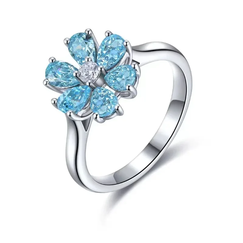 RUIF New Custom 925 Silver Flower Ring Lab Grown Paraiba Sapphire Gems Simulated Diamond Zirconia Women Daily Simple Jewelry