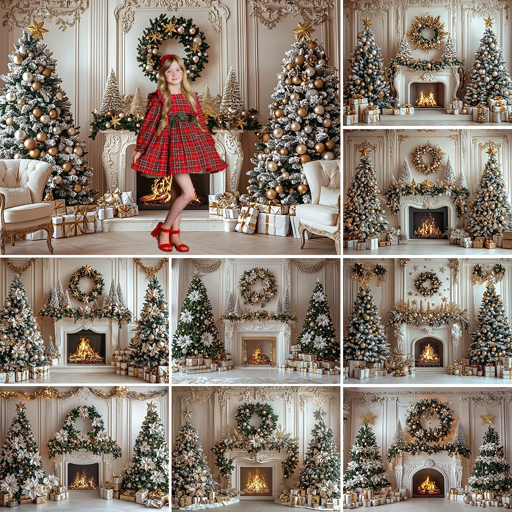 Christmas Photography Background Xmas Tree Garland Fireplace Holiday Decoration Family Portrait Photo Backdrops Studio Props