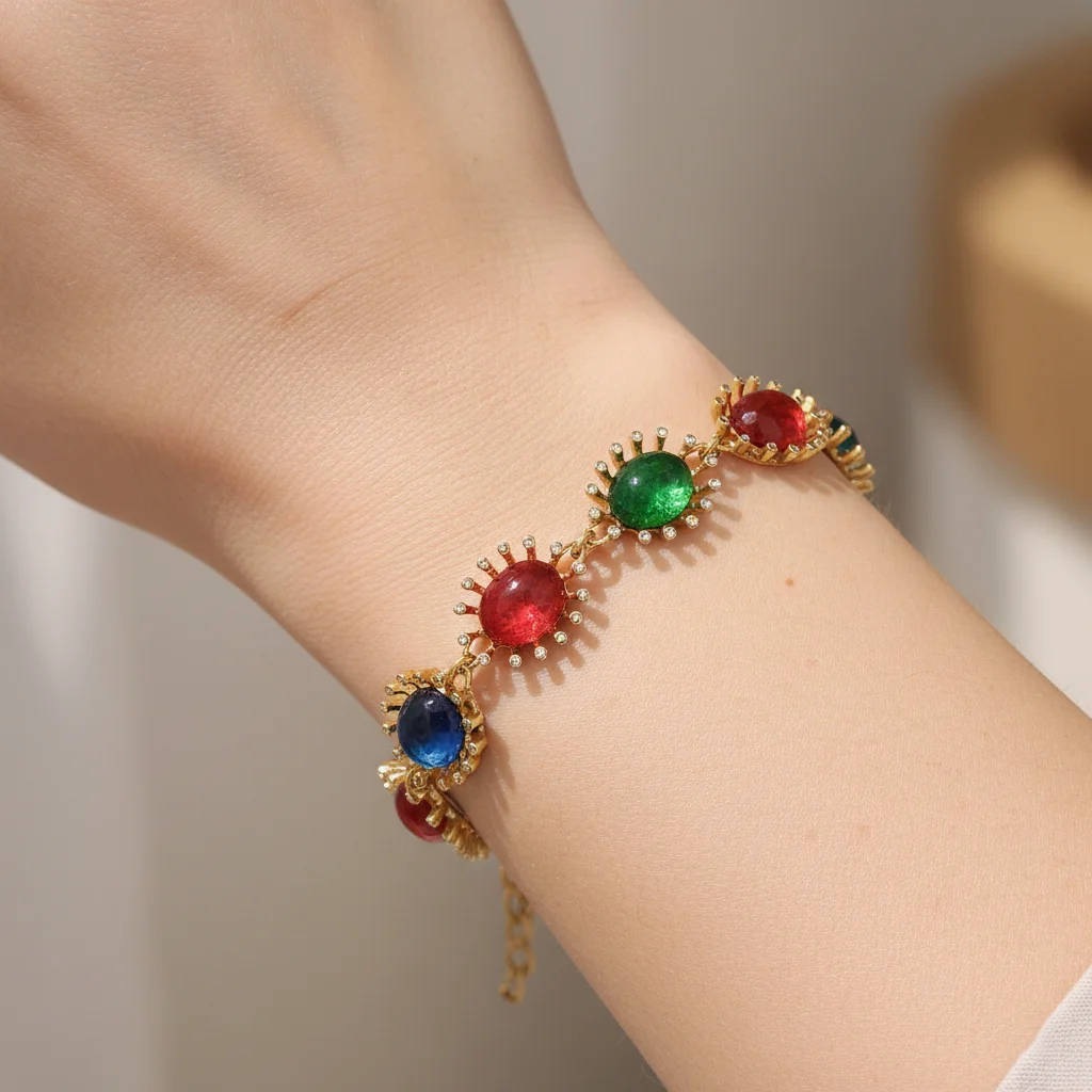 

Luxury Vintage 18K Gold Plated Bracelet with Colorful Crystal Charms Adjustable Chain Elegant Women's Fashion Jewelry Gifts