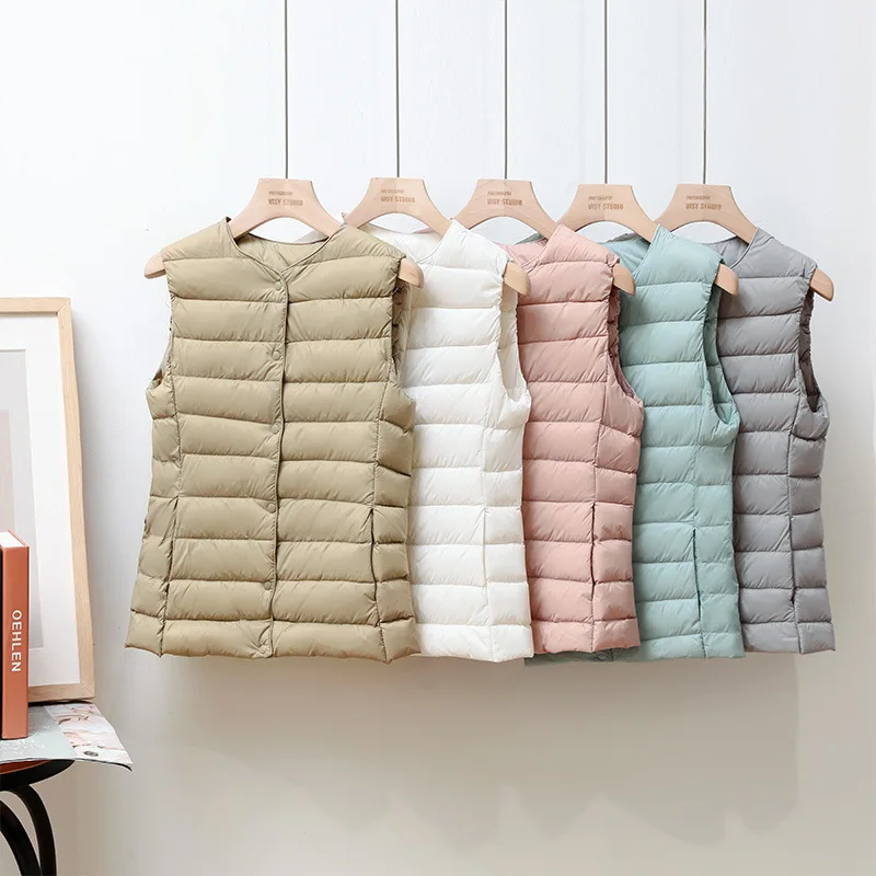 Winter Extra Light White Duck Down Vest Women Round Neck Short Sleeveless Puffer Jacket Women VT-402 Зимнее Пальто Женское