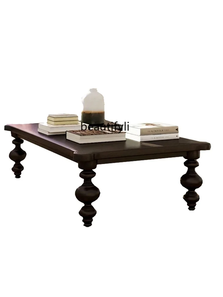 

French retro Roman column coffee table living room black solid wood carved tea table American coffee table