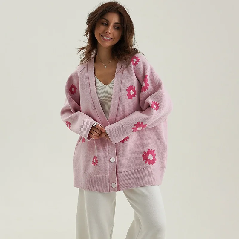 

Tornova 2025 Printed Knitted Cardigan Coat For Women Loose Long Sleeve Single Breasted Sweater V Neck Casual Fashion Outwear