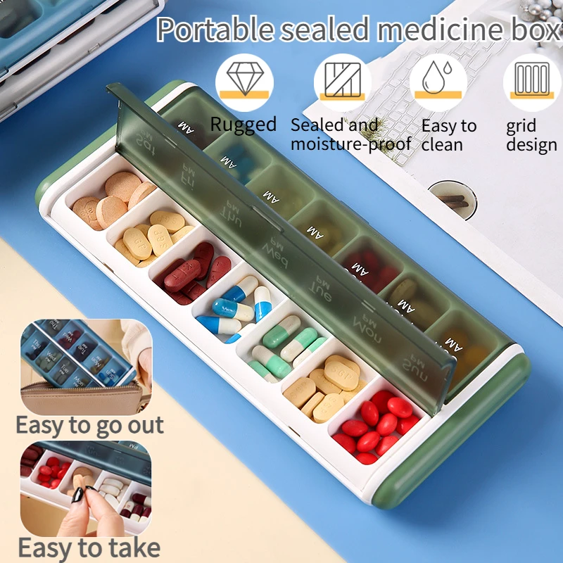 

Многофункциональная 7-дневная коробка для хранения таблеток, дважды в день, пыленепроницаемая и влагостойкая, рыбное масло, витамины, пластиковая упаковочная коробка.