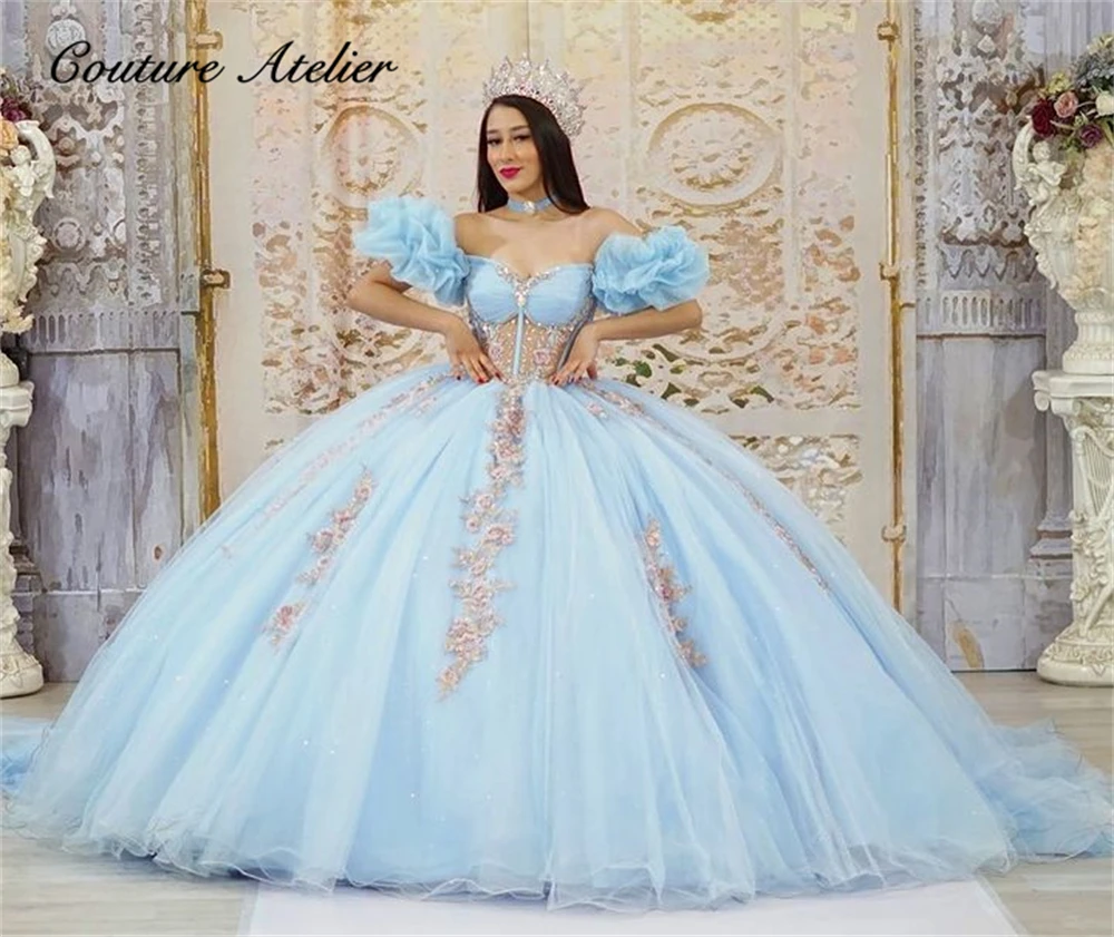 Princess Light Blue Ruched Short Sleeves Quinceanera Dress Lace Appliques Ball Gown Puffy Dress 18th Birthday Debut vestidos