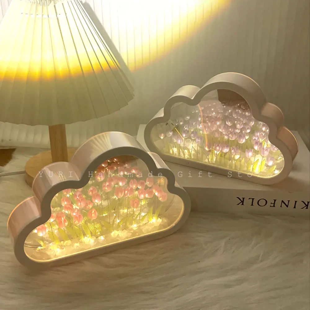 Cloud Tulip Night Light Handmade DIY Material Flower Home Decor Mirror Creative Atmosphere Lamp Birthday Gift Valentine\'s Day