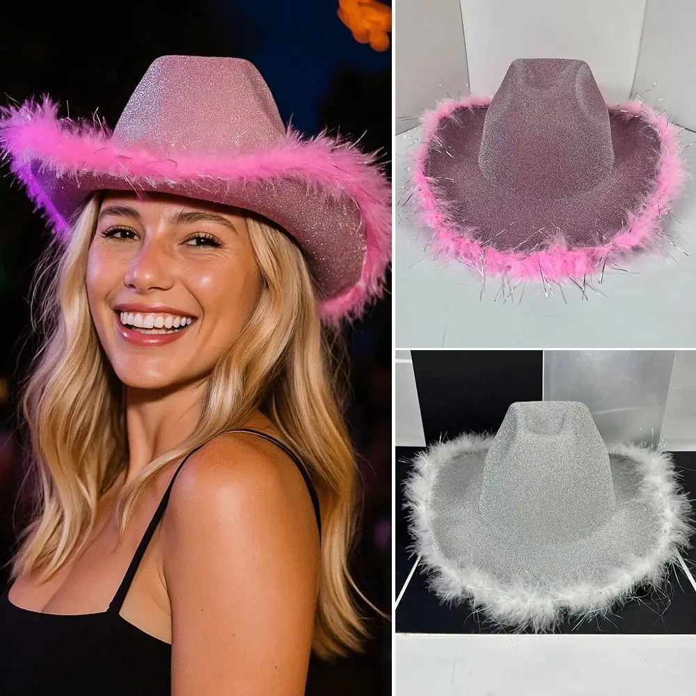 

New Western Style Cowboy Bucket Hat Plush Brim Pink Silver Panama Hat Fisherman Cap Outdoor