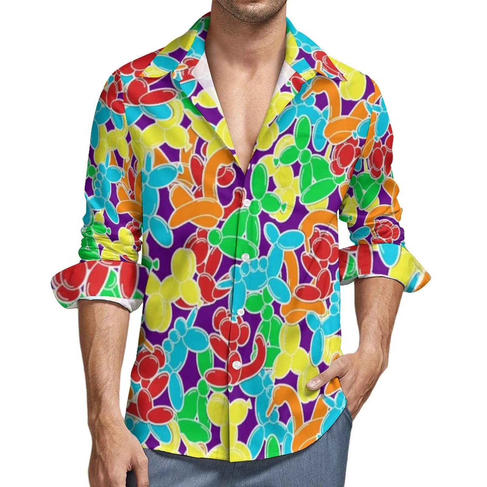 Camisa masculina dos desenhos animados balão impressão camisas casuais manga longa animais coloridos harajuku blusa primavera legal gráfico roupas de tamanho grande