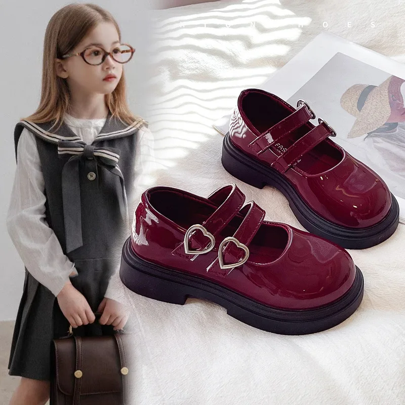 Children Leather Shoes for Spring Wine Red Black Elegant Girl's Mary Janes Chunky Hook-loop Beautiful Comfy Kids Shoe 26-37