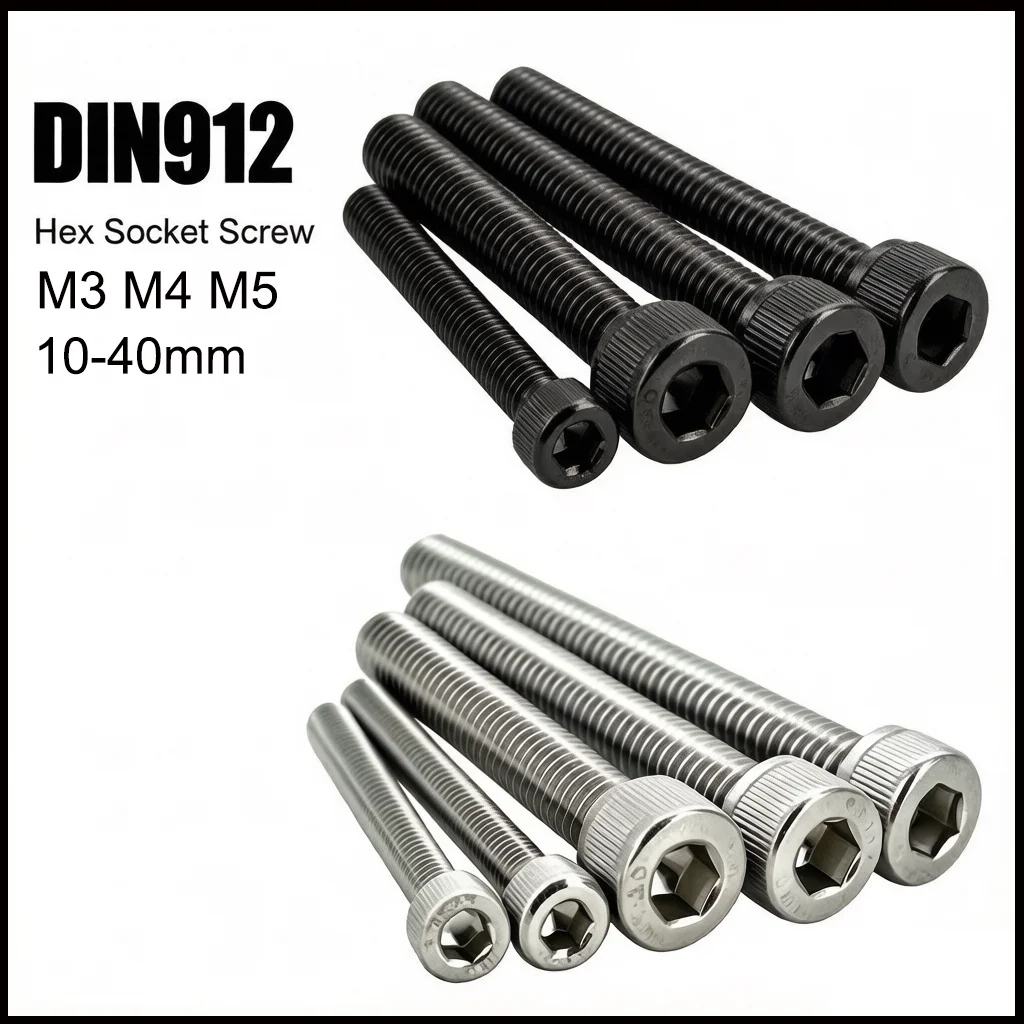5pcs DIN912 A2 304 Allen Stainless Steel grade 12.9 Black Carbon Steel Hex Socket Head Cap Bolt Screw M3 M4 M5 10mm-40mm