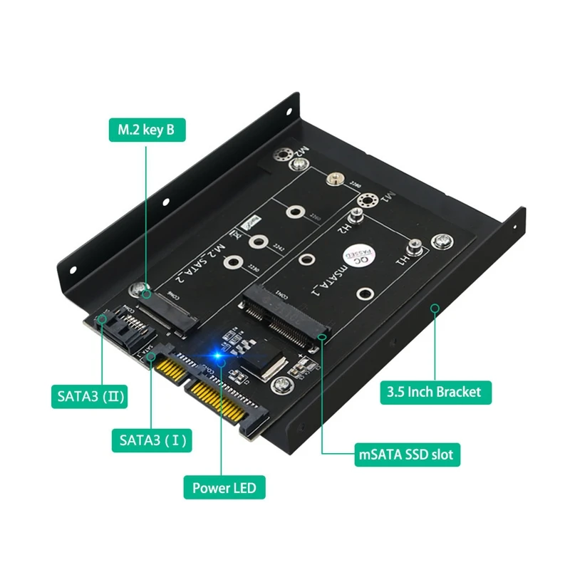 Versión actualizada 2 en 1 MSATA / M.2 NGFF SSD a tarjeta adaptadora convertidora SATA3 dual con soporte HDD de 3,5 pulgadas