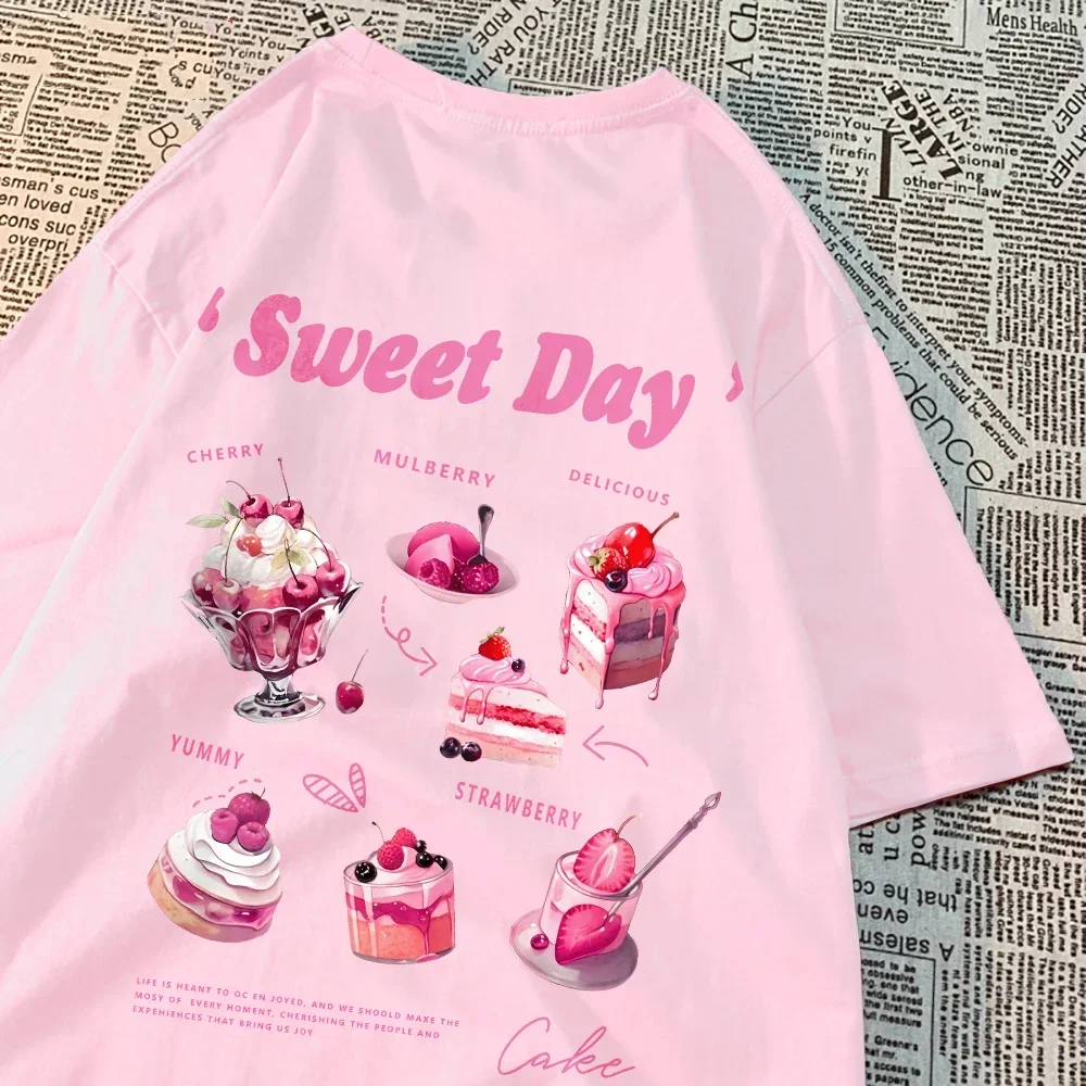 Sweet Day Pink Ice Cream Cake Printed Streetwear Soft Breathable Trend Female Clothes Cake Pattern Sweet Style Clothing