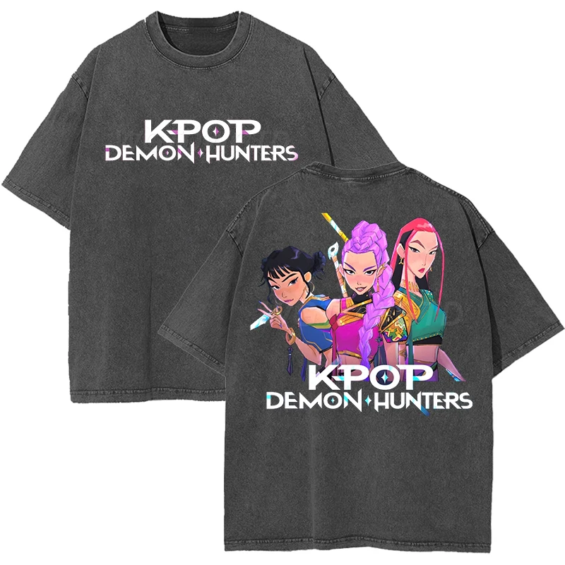

Vintage Cotton Washed T Shirt Kpop Demon Hunters 2025 Hot Anime T-shirts Harajuku O-neck Trendy Tshirt Women Men Oversized Tees