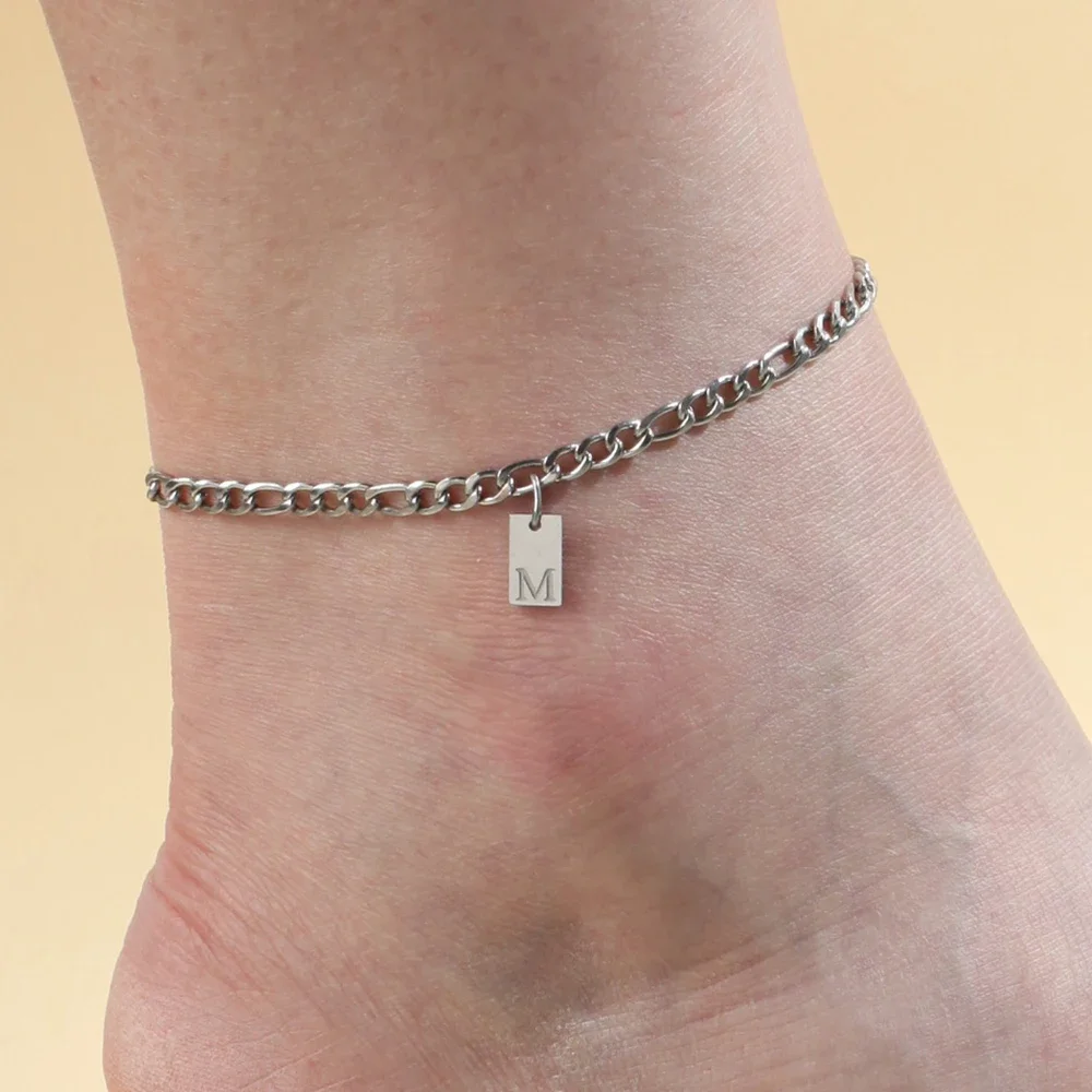 Minimalist style stainless steel ladies square logo 26 name letter silver color charm Anklets summer beach party gifts wholesale