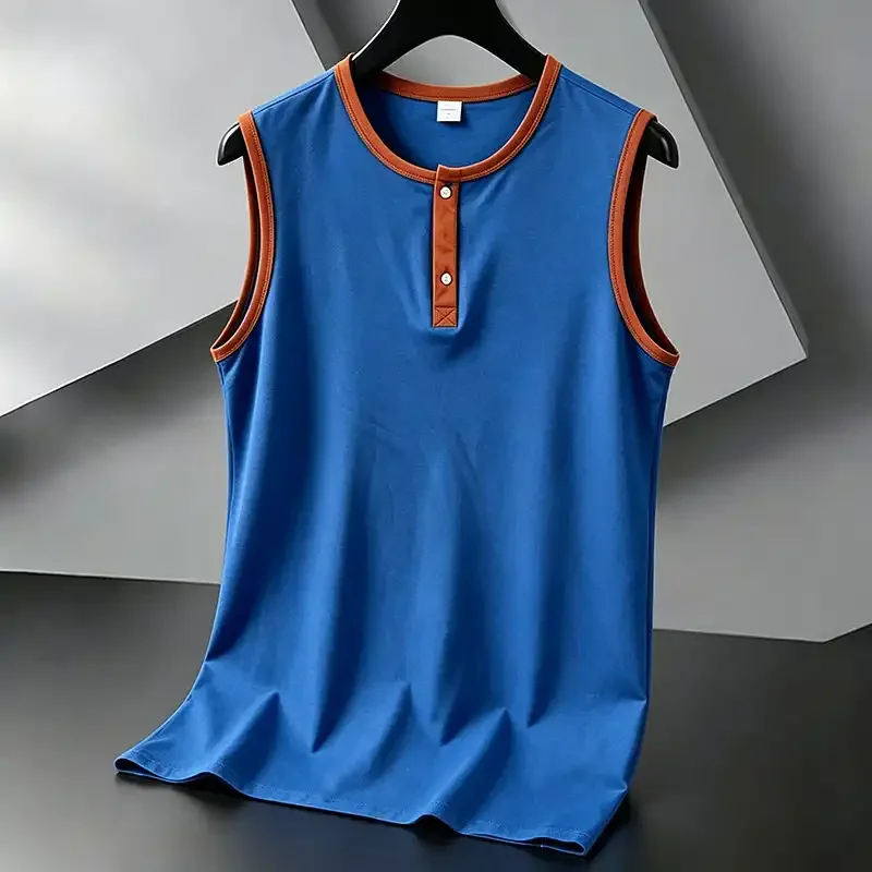 Men's Blue Solid Color Sleeveless Tank Top with Contrast Trim and Henley Placket Casual Basic Vest Summer Wear