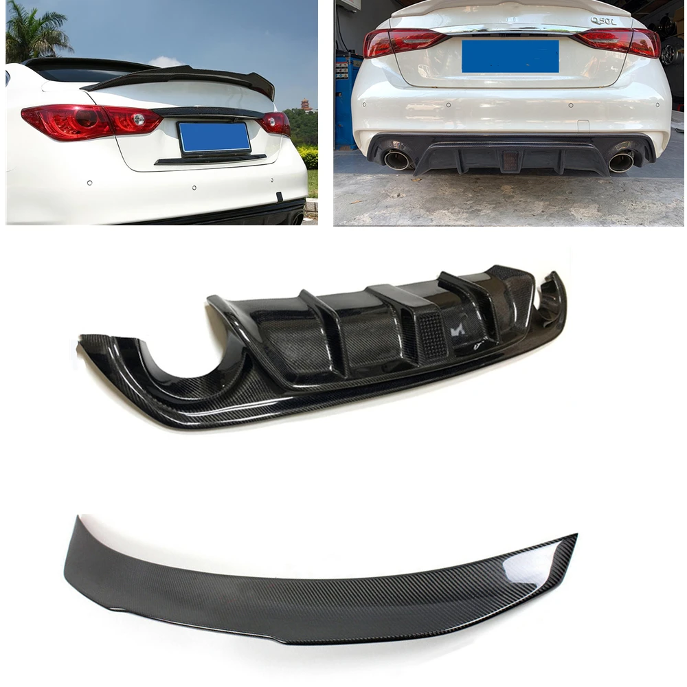 Body Kit For Infiniti Q50 2014-2017 All Models Carbon Fiber Rear Bumper Diffuser Lip With Lamp+Trunk Lid Spoiler Wing Splitter