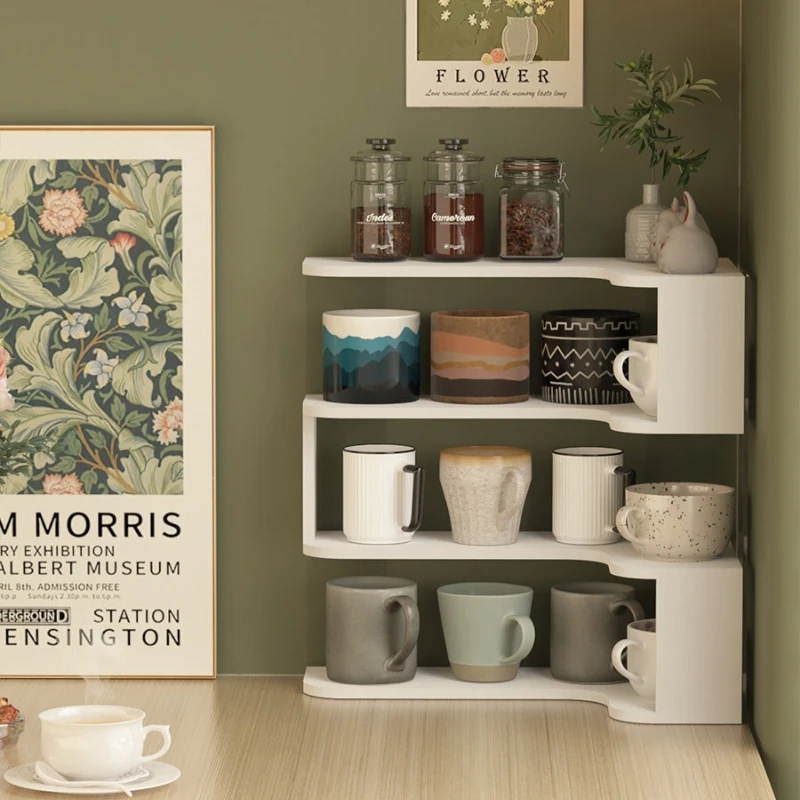 Cream Wood Corner Floating Shelf Multi-layer Desktop Cup Rack Space Saving Coffee Mug Holder Kitchen Table Storage Organizer