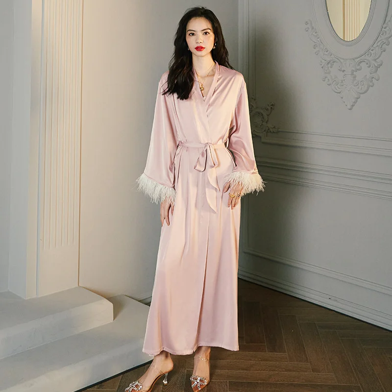 

Women Clothing Dress Pajama Solid Long Sleeve Spring Long Suspender Trousers Silk Chic Feather Casual Home Robes