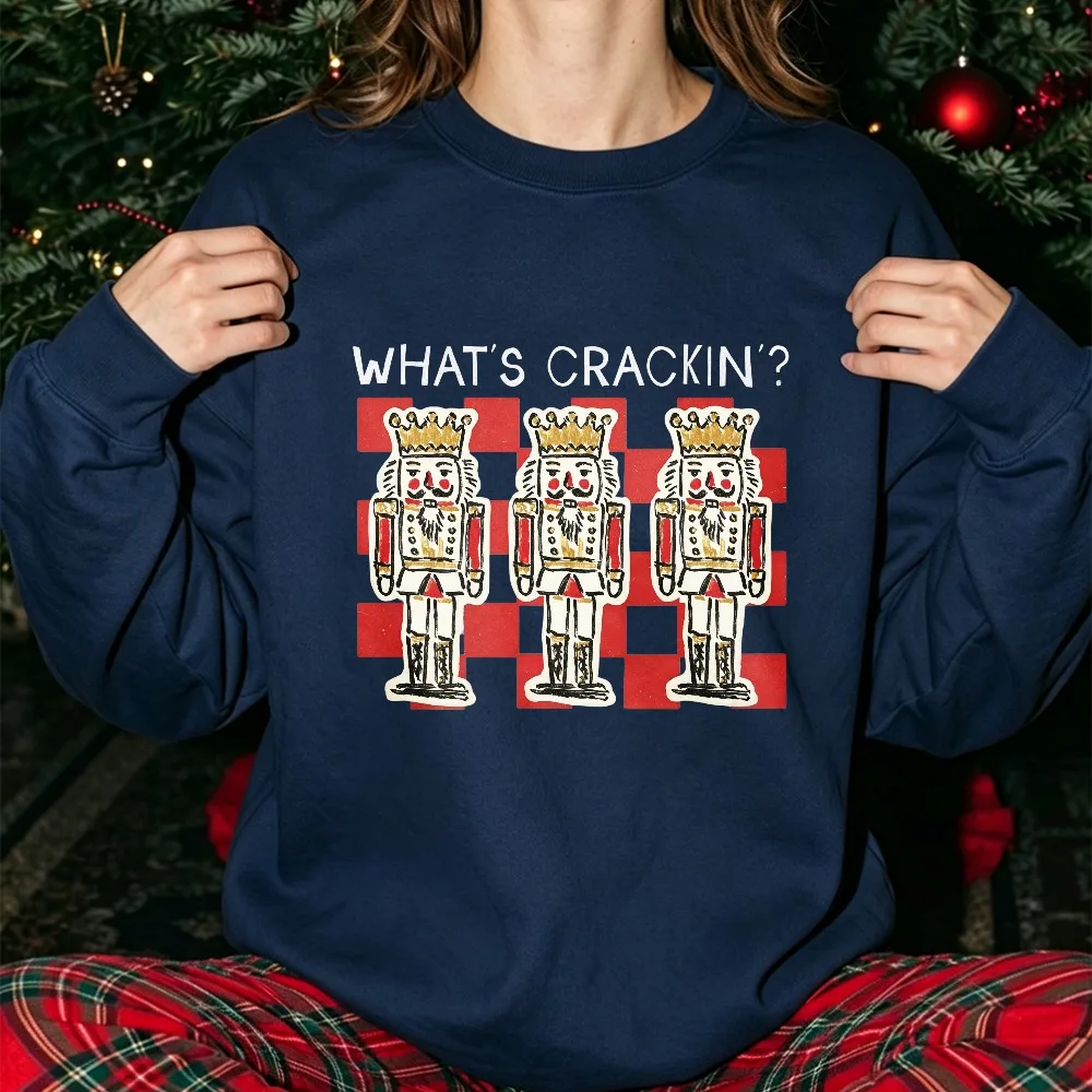 What's Crackin Checkered Three Nutcracker Doll Print Pullover Christmas Xmas Holiday Ballet Vintage Graphic Casual Unisex Tops