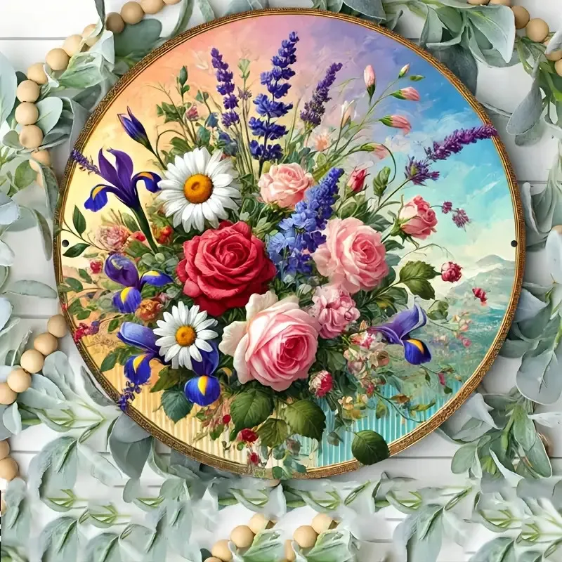 1pc Vintage European Floral Round Wall Art - 8-Inch Aluminum Metal Wall Decor with Colorful Roses, Daisies & Lavender in Pink Gr