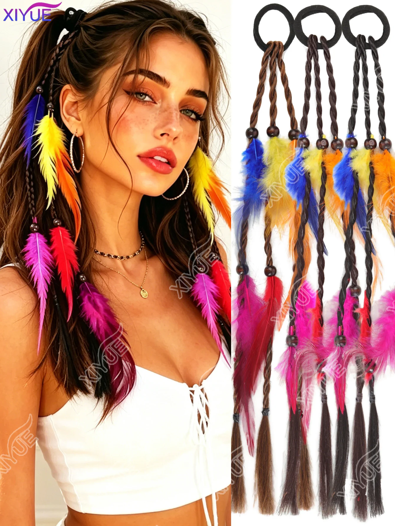 XIYUE Handmade Weave Colorful Feather Synthetic Wig Head Wear Headband Hair Accessories Bohemian Tribal Rubber Band Party Wig