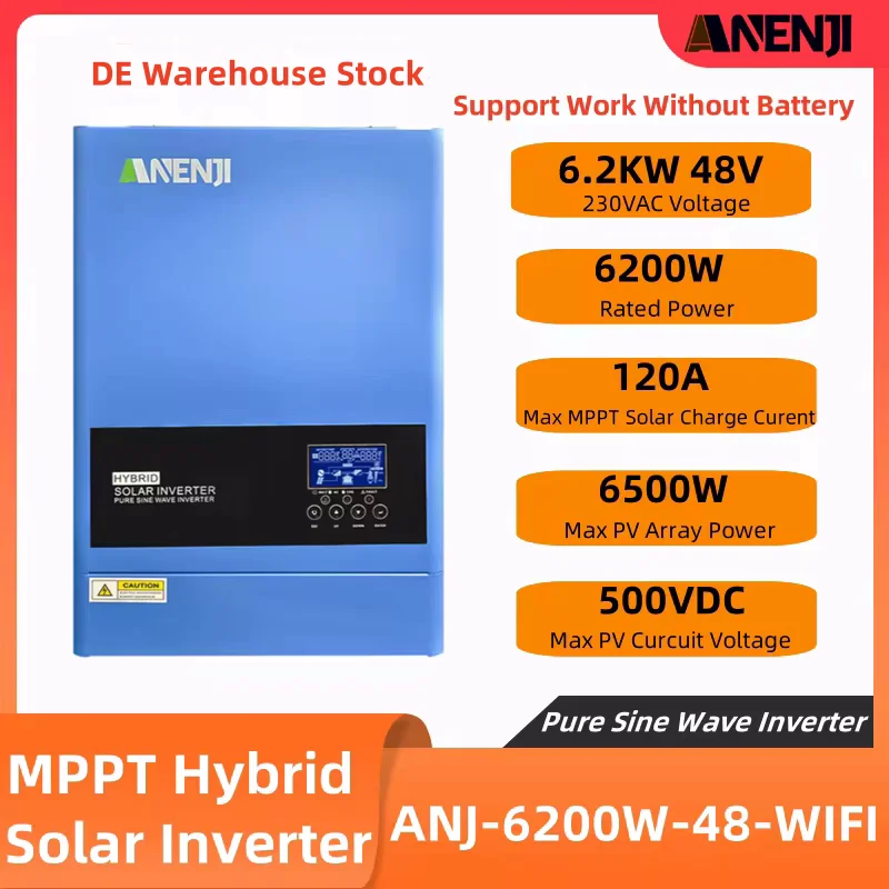 Onduleur Solaire Hybride de 6,2 KW, Contrôleur de Charge à Onde Sinusoïdale Pure avec BMS, Hors Réseau, 48V, 120A, MPPT, 230V, 500VDC