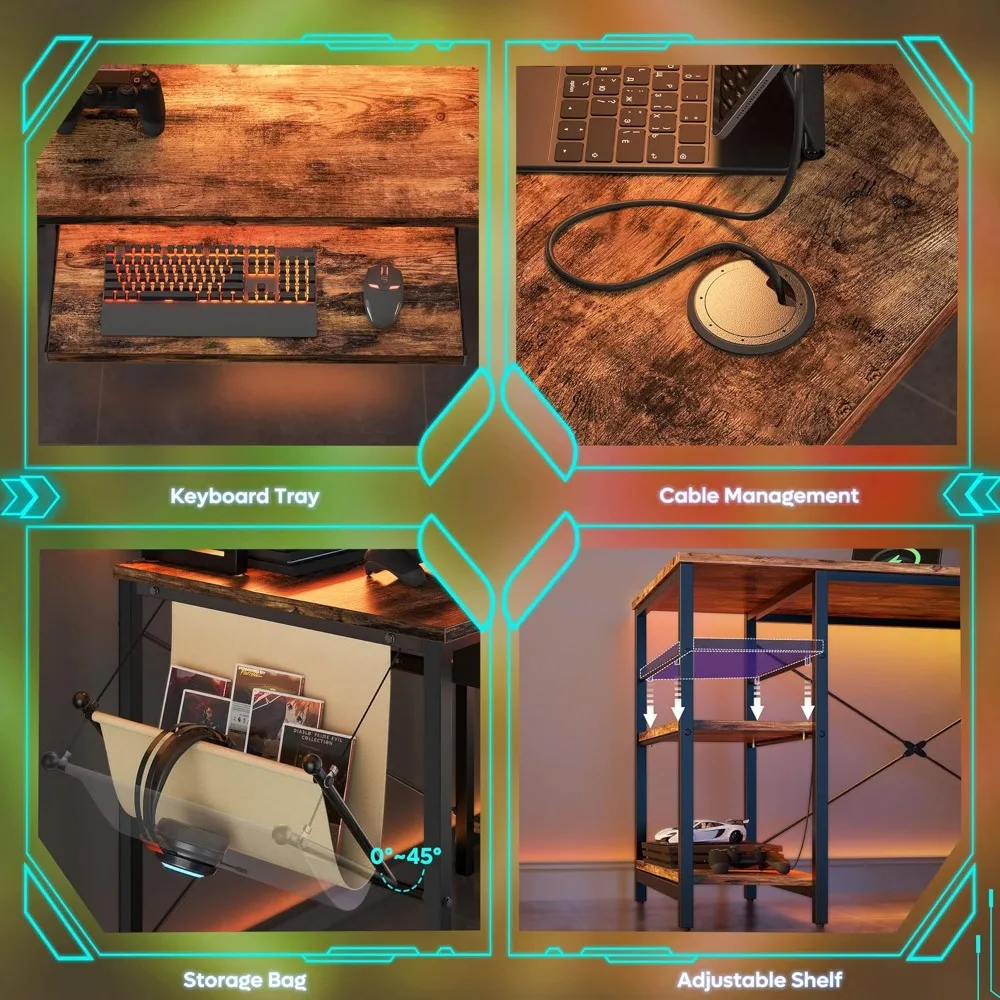 مكتب ألعاب على شكل 95 لتر مع ضوء LED، مكتب زاوية للكمبيوتر أو طاولة طويلة لشخصين مع حامل شاشة وأرفف ولوحة مفاتيح #4