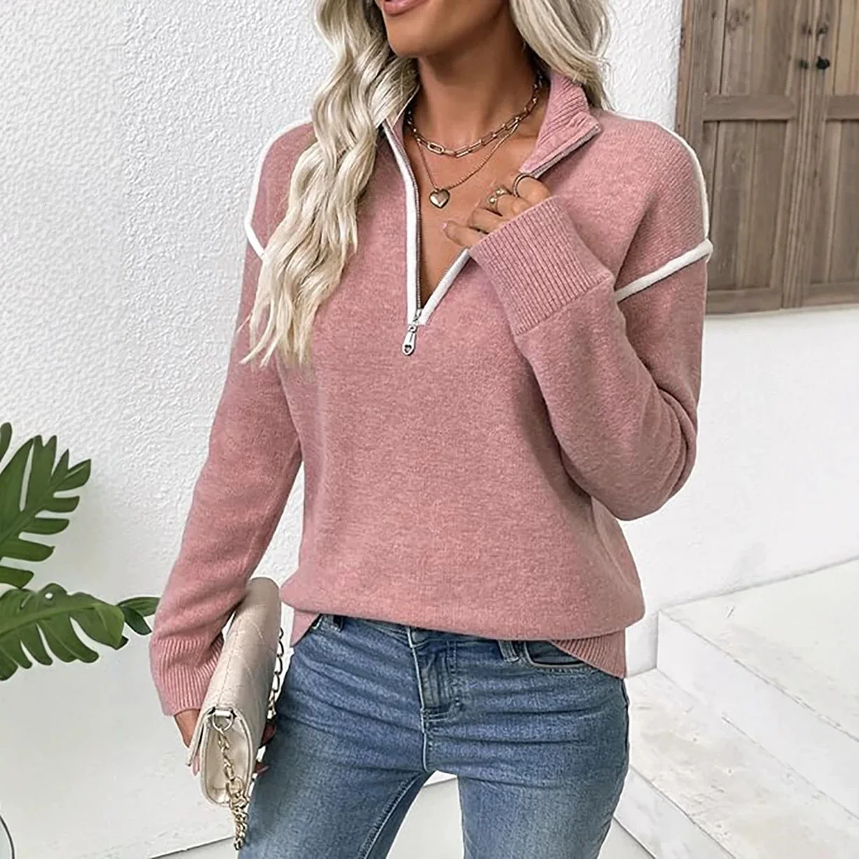 

Half Zip Stand Collar Knit Sweater White Contrast Stripe Raglan Long Sleeve Loose Soft Solid Color Casual Pullover Top 260701