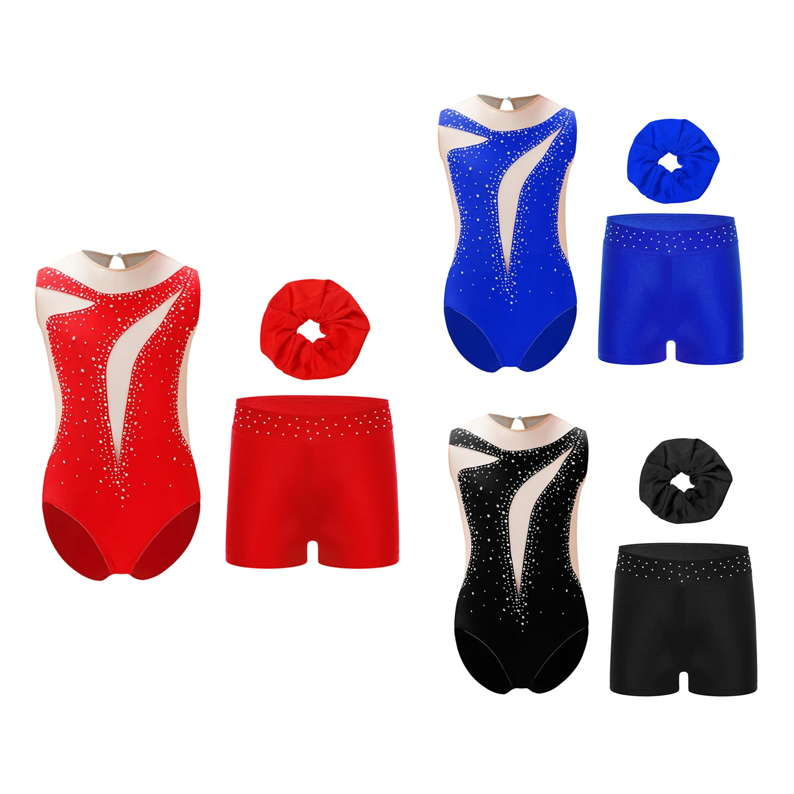 

Girls Figure Ice Skating Acrobatics Gymnastics Outfit Ballet Dancewear Leotard Shorts Headwear Set Kids Performance Clothing