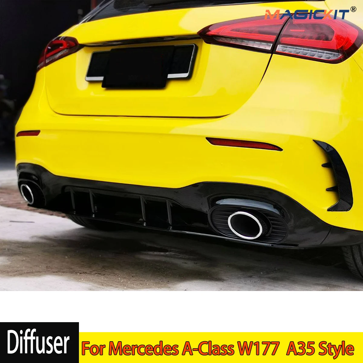 MagicKit For Mercedes A-Class W177 AMG A35 Style Rear Diffuser Gloss Black +Tailpipes 19+