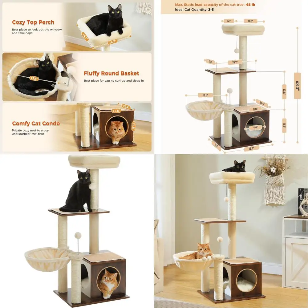 

Compact Indoor Cat Tree with Condo, Scratching Posts, Perch, Hammock, and Wooden Playhouse, Brown