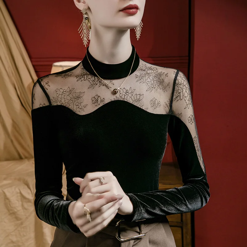 #4317 Velvet Spliced Mesh Long Sleeve T Shirt Women Sexy Tight See Through Clothes Black Skinny Vintage Short Womens Tee Shirts