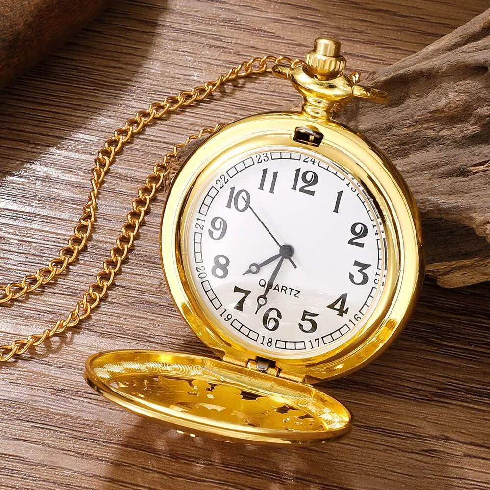 Antique Steampunk Vintage Arabic Numerals Quartz Pocket Watch Gold Case Necklace Pendant Clock Chain Mens Women